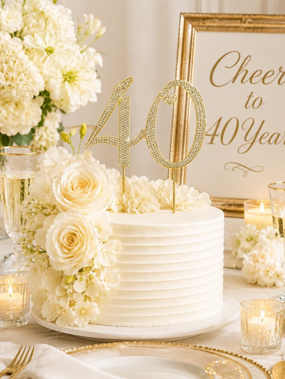 Rhinestone Cake Topper - Number 40 - Gold Metal with Czech Rhinestones